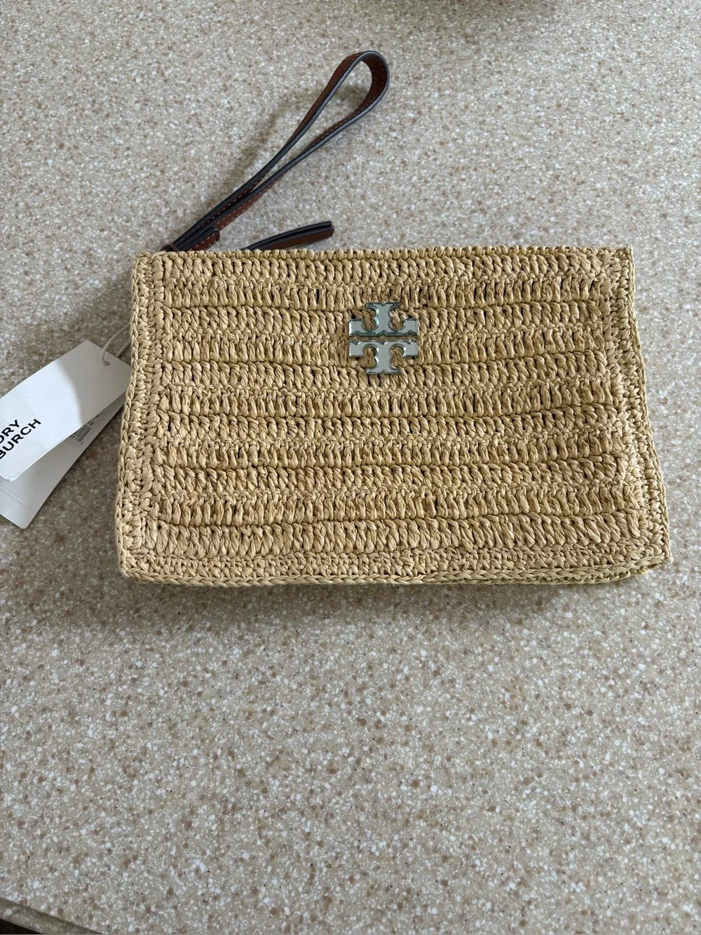 Tory Burch Raffia Wristlet Pouch with Tory Burch Signature Logo